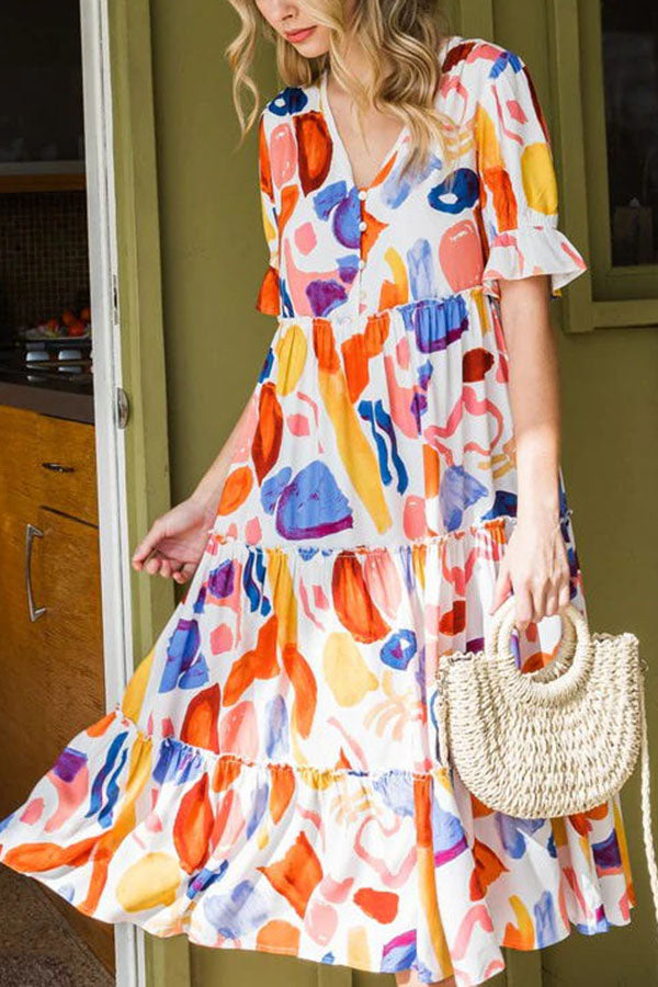 Madison Colorful Print Tiered Midi Dress