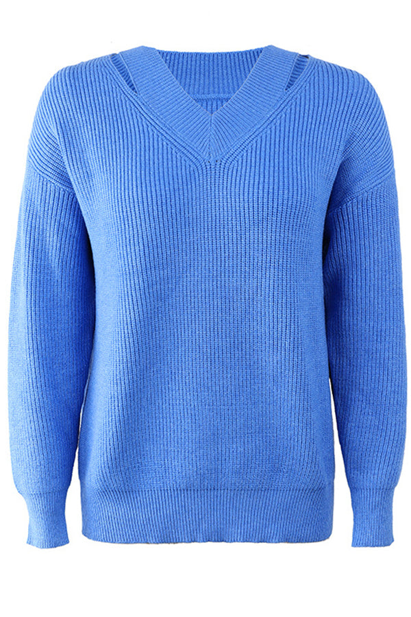 V Neck Solid Color Loose Sweaters