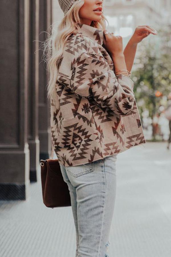 Loose Printed Brown Short Woolen Coat