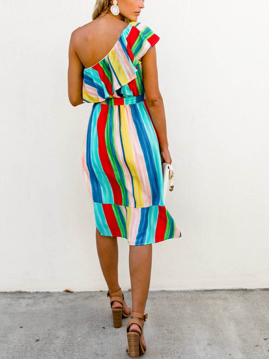 Boho Rainbow Color One-shoulder Dress