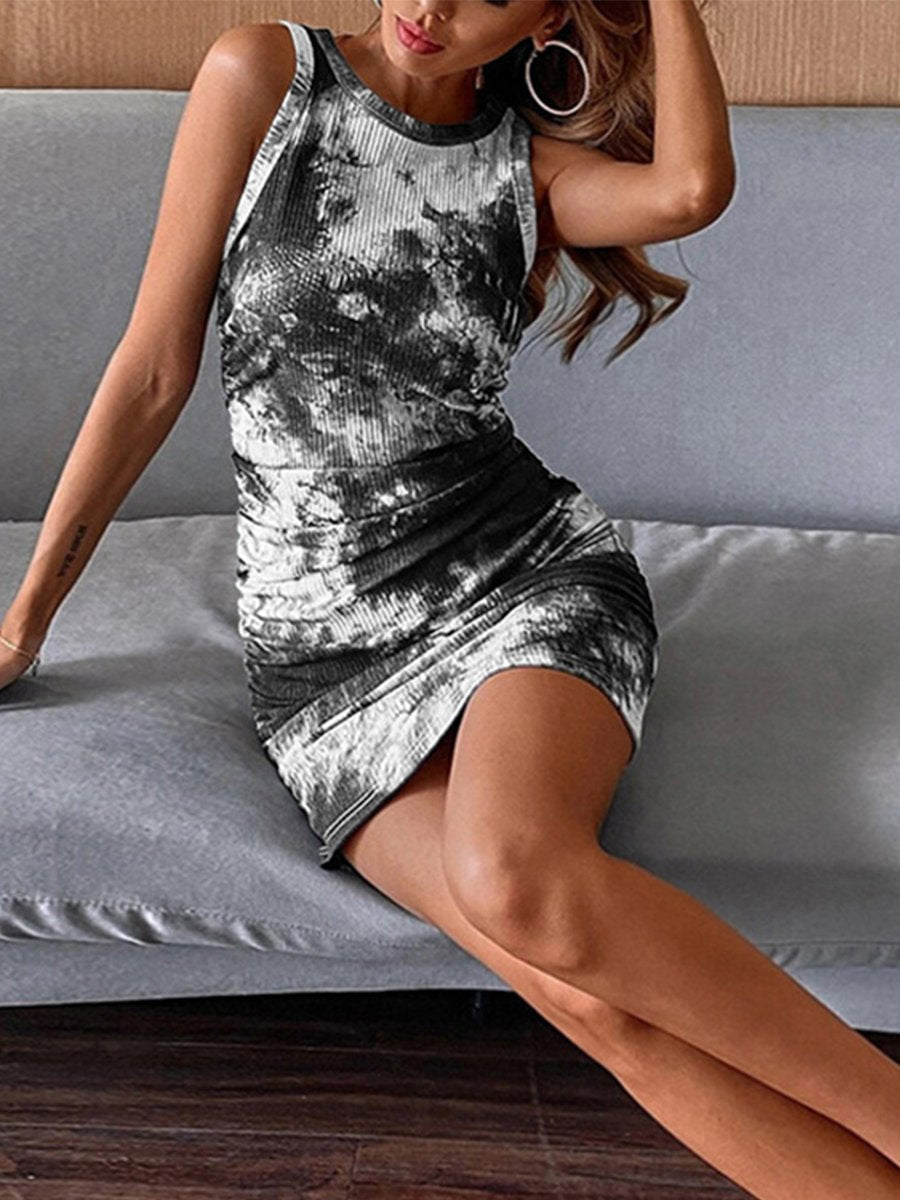 Round Neck Pleated Sleeveless Mini Dress