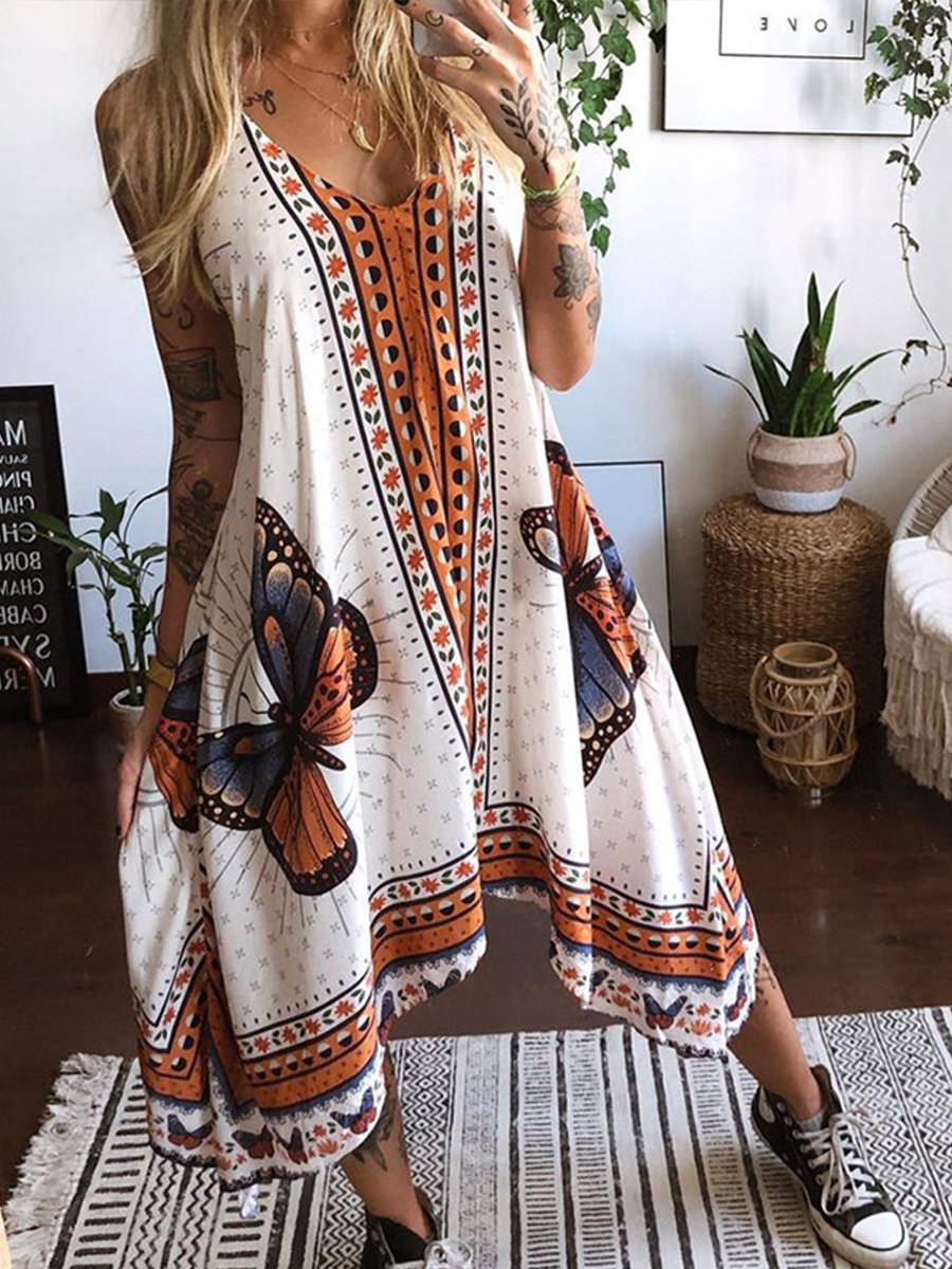Elegant Irregular Printed Sling Maxi Dress