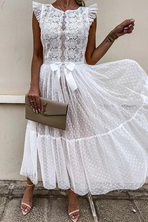 All The Romance Bow Tie Lace Midi Dress