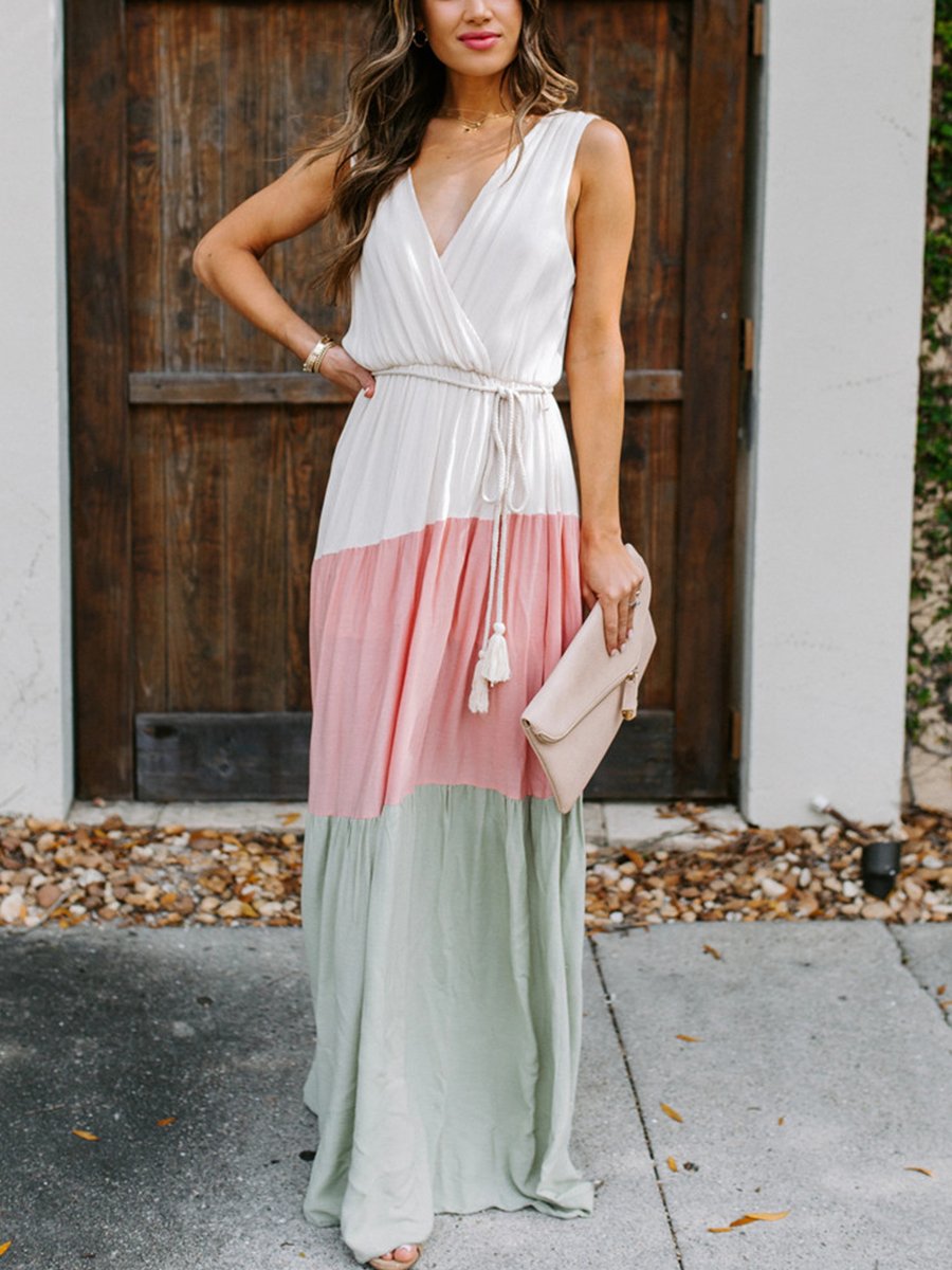 Elegant Color Contrast Backless Beach Dress