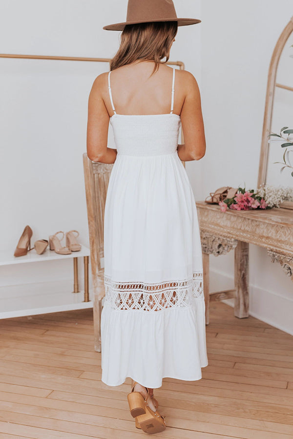 V Neck Button Detail Crochet Lace Maxi Dress