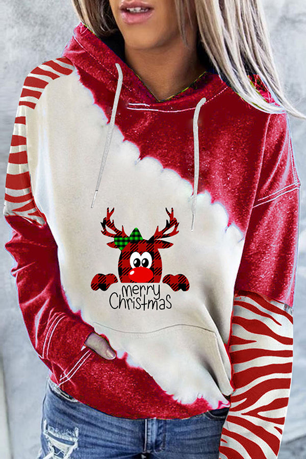 Santa Claus Print Color Block Hoodie (Red)