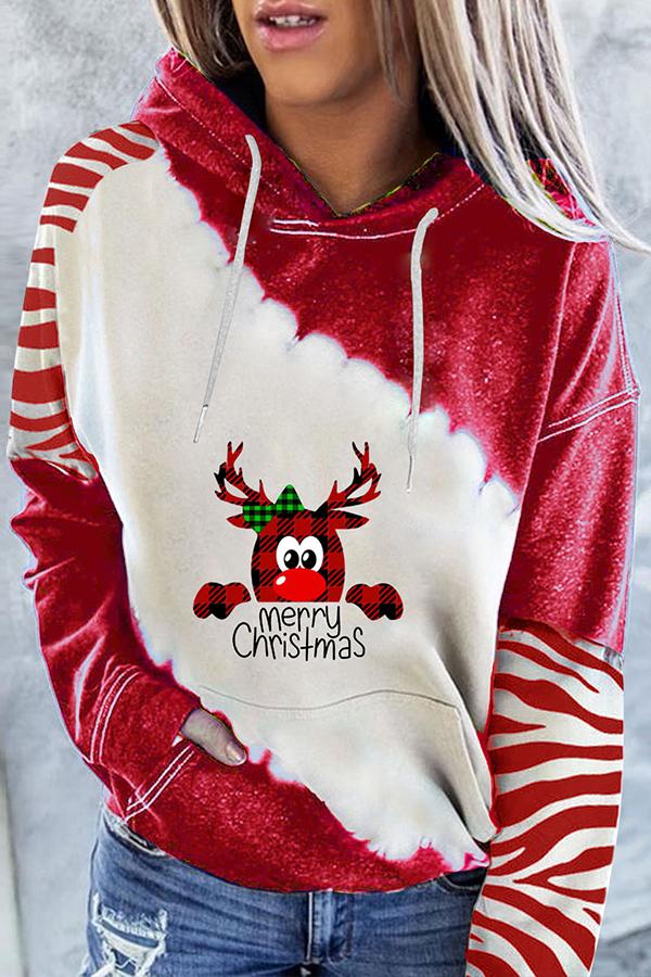 Santa Claus Print Color Block Hoodie (Red)