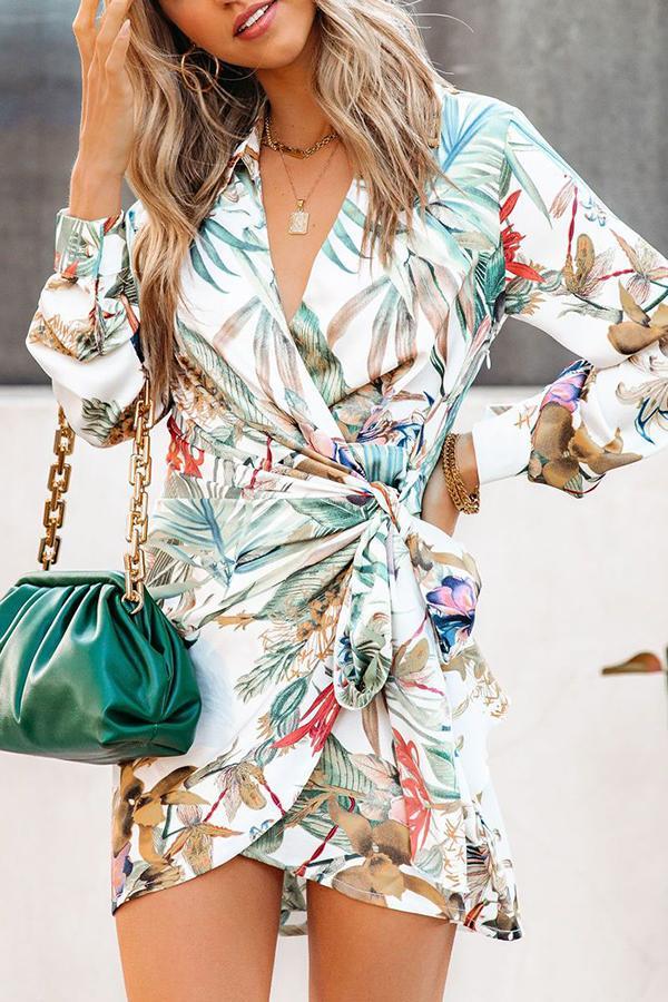 Palm Print Wrap Shirt Dress