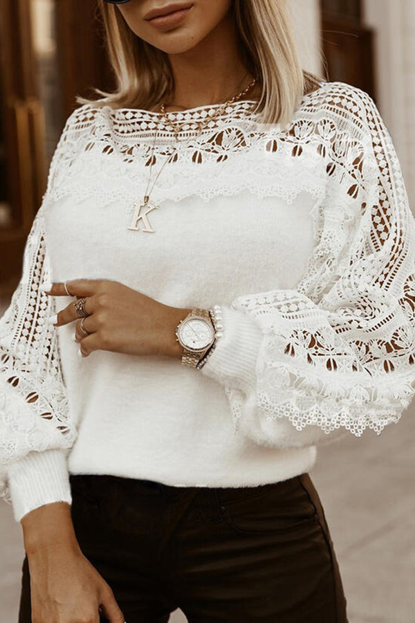 Hollow Pattern Stitching Lantern Sleeve Sweater