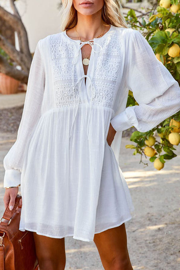 Fashion Solid Color Long Sleeved V-neck Loose Casual Dress