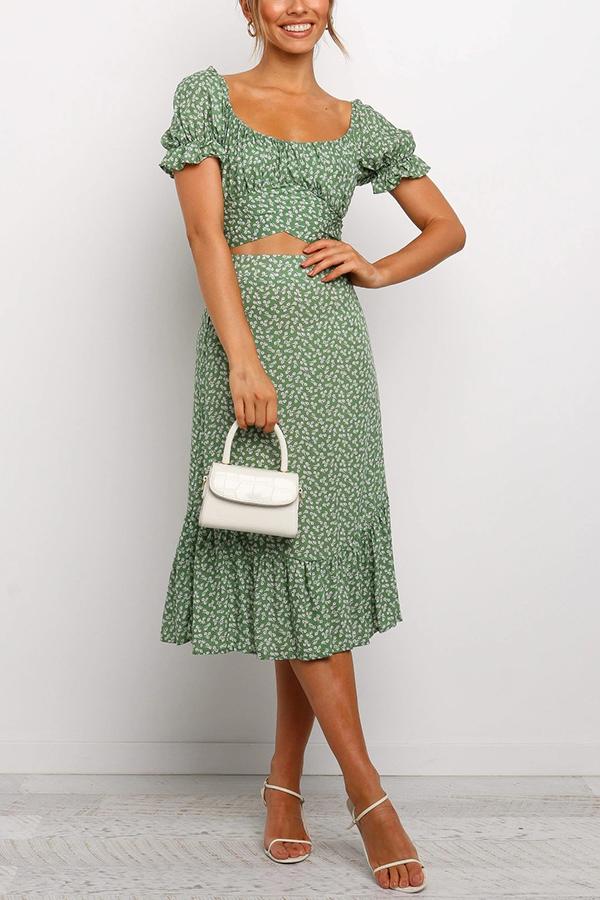 Floral Print Square Neck Puff Sleeve Dress Set