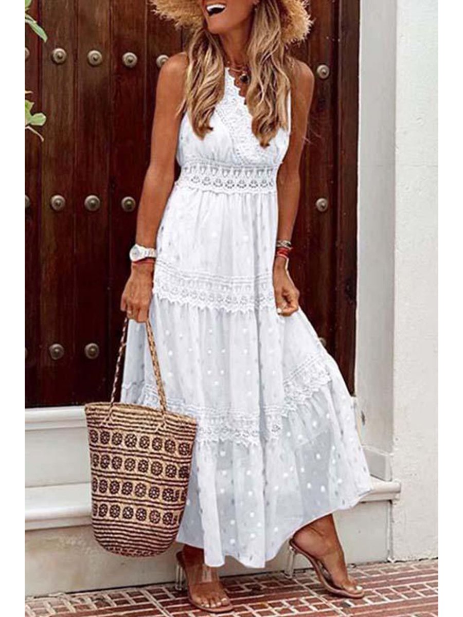 Stylish PolkaDots Print Lace V-Neck Maxi Dress