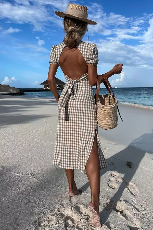 Wonder about Me Gingham Backless Midi Dress