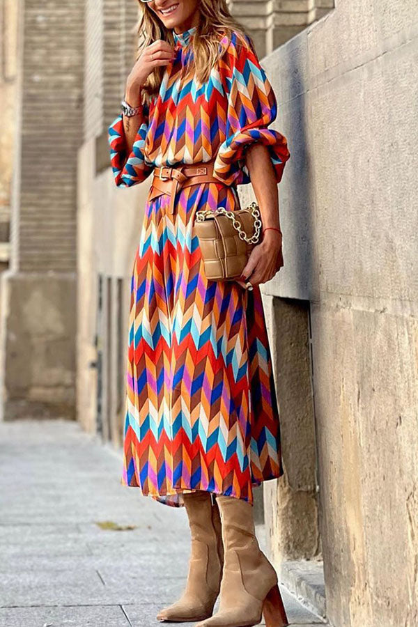 Mid-sleeve Printed Waist A-line Dress