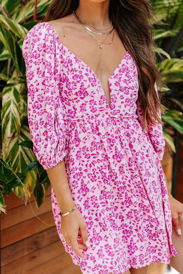 Printed Backless Half-Sleeve V-Neck Mini Dress