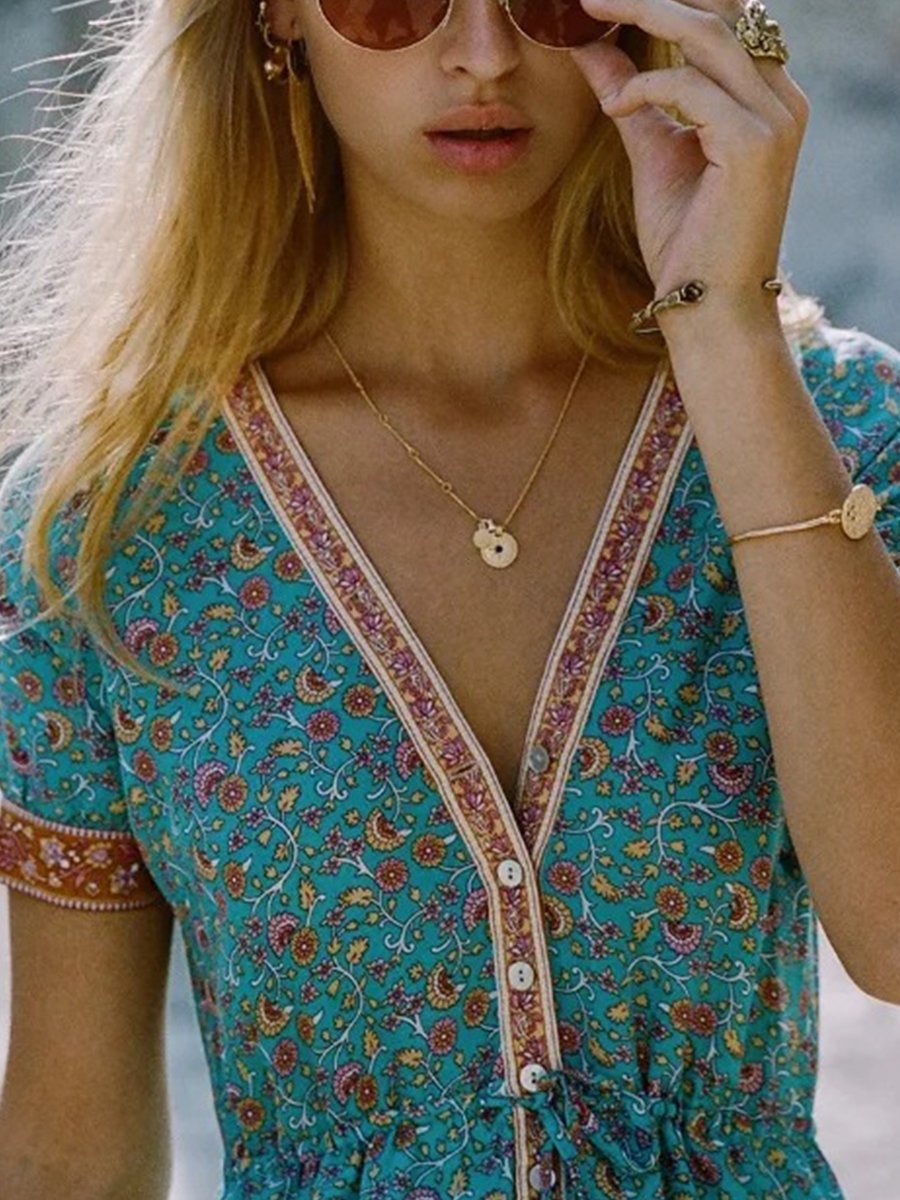 Short Sleeve Boho Print V-neck Calf-length Dress