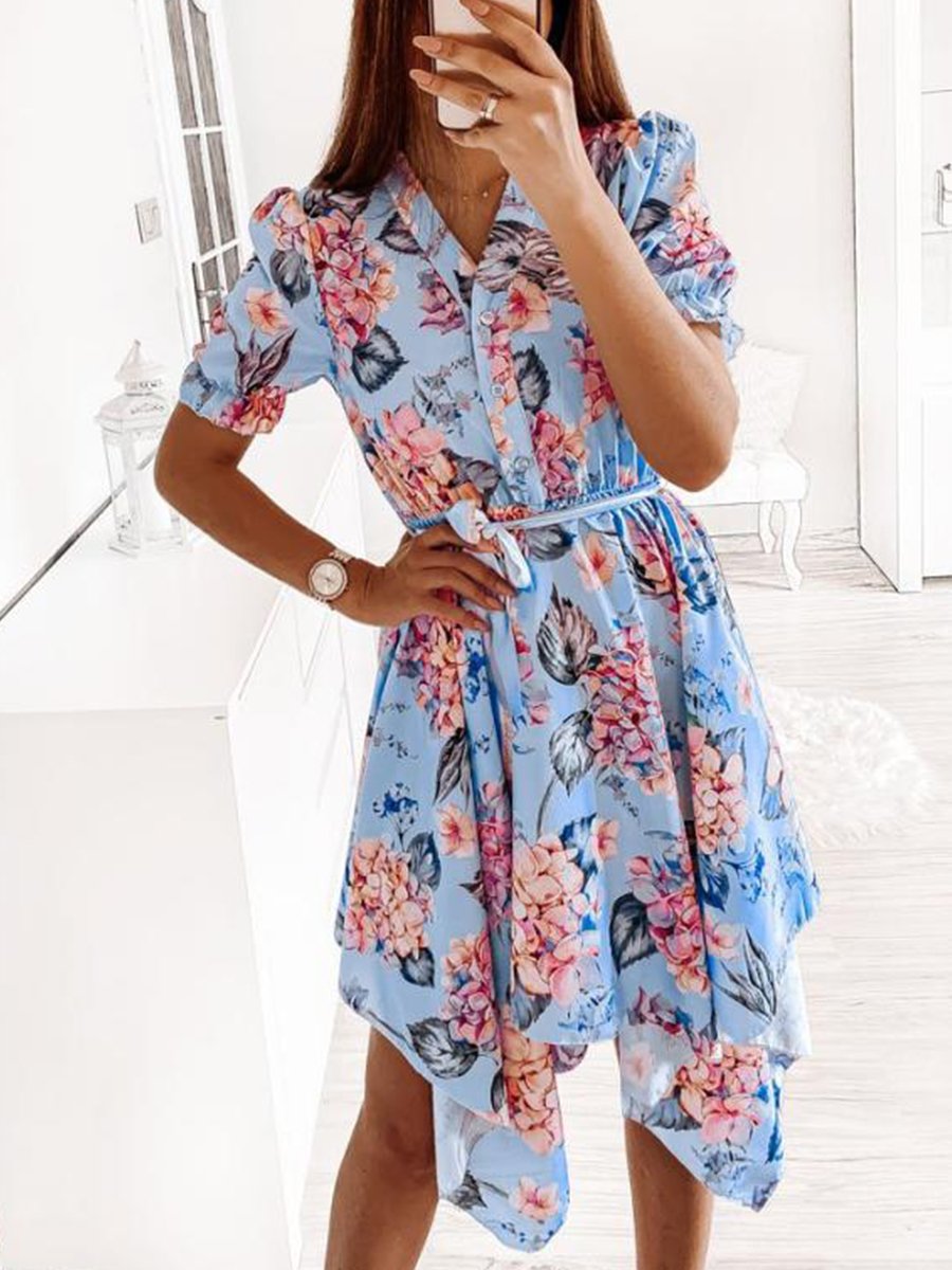 V-neck Print Short-sleeved High-low Midi Dress