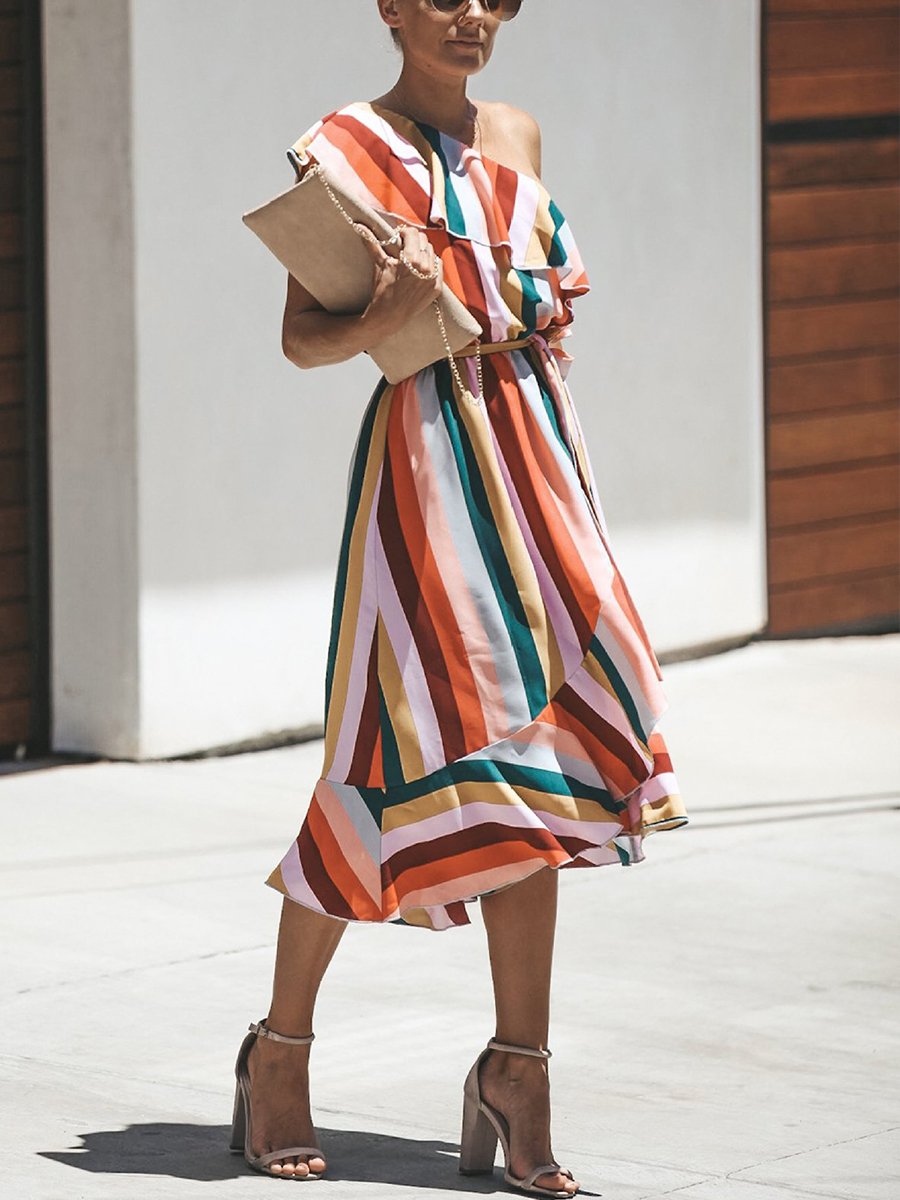 Boho Rainbow Color One-shoulder Dress