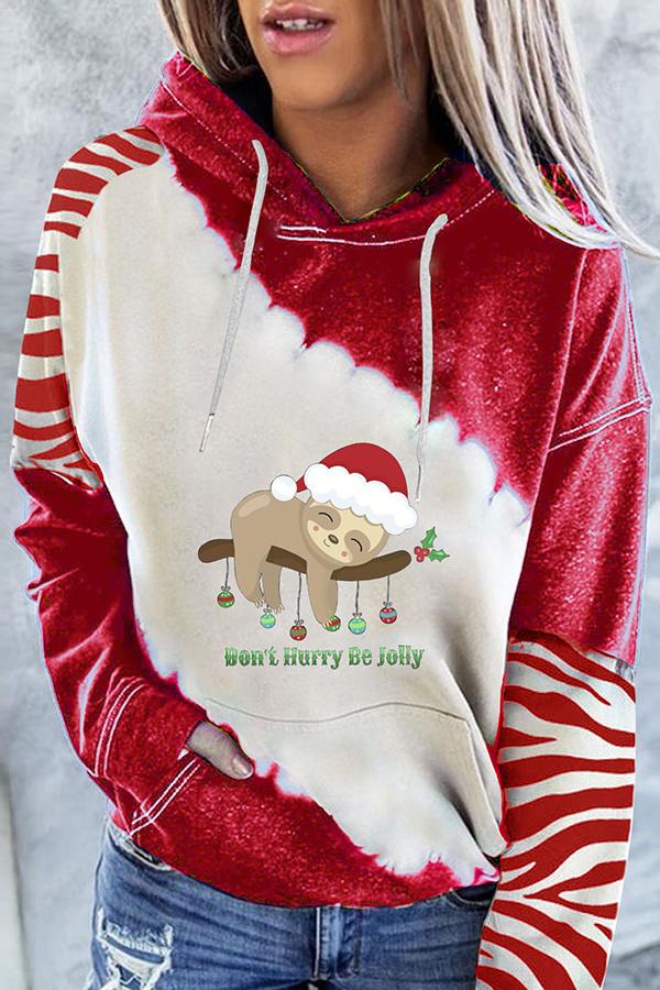 Santa Claus Print Color Block Hoodie (Red)