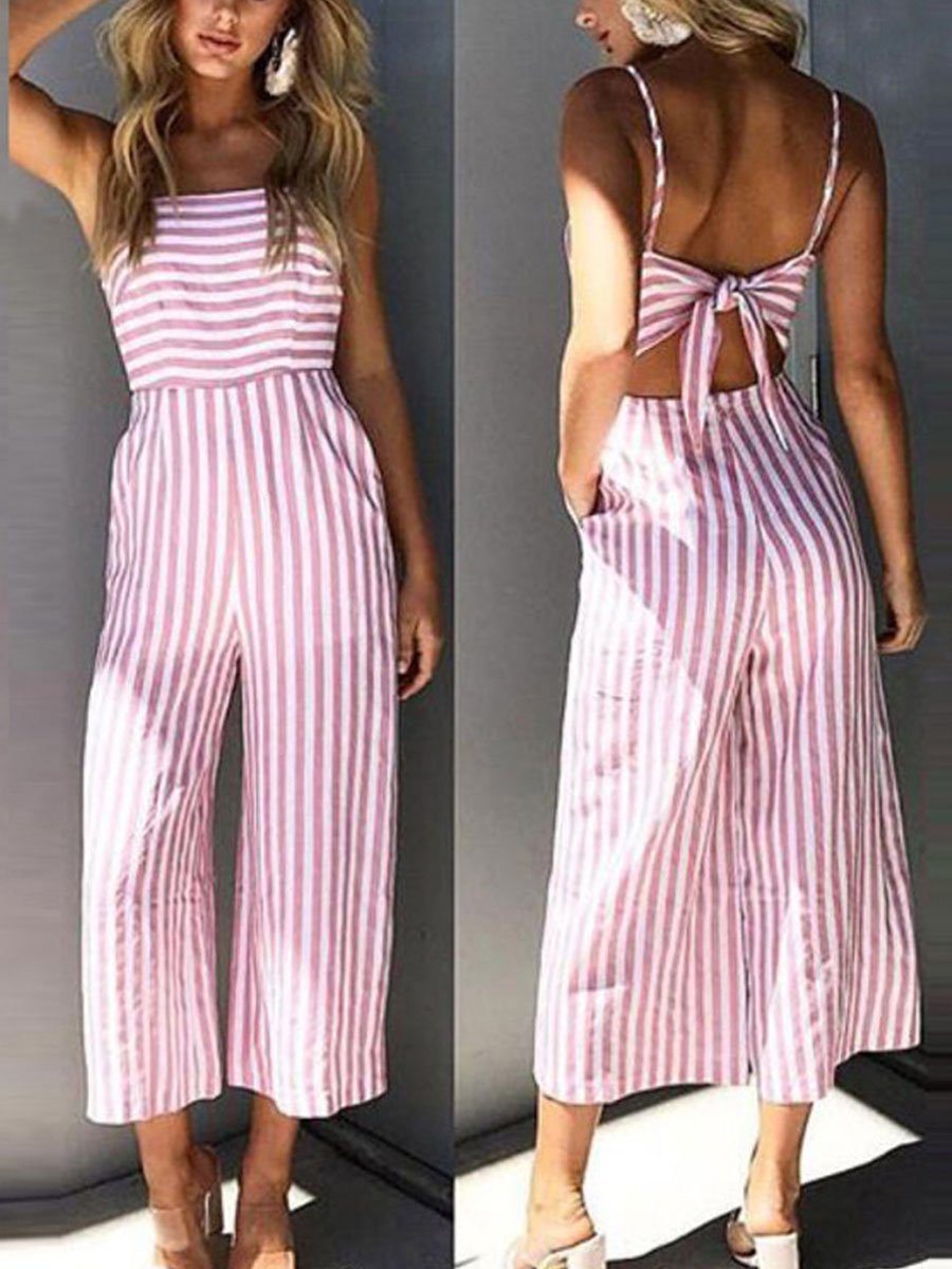 Halterneck Striped Pockets Slim-fit Wid-leg Jumpsuit