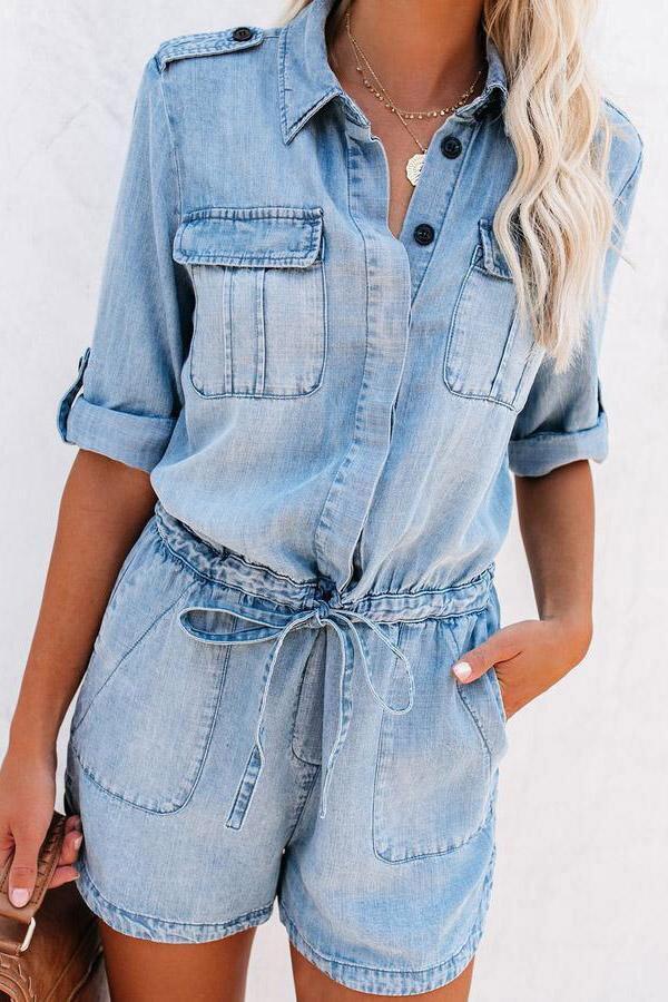 Loose Denim Long-sleeved Romper