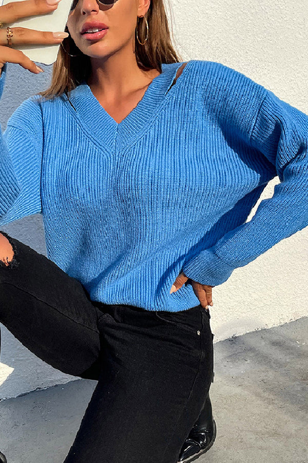 V Neck Solid Color Loose Sweaters