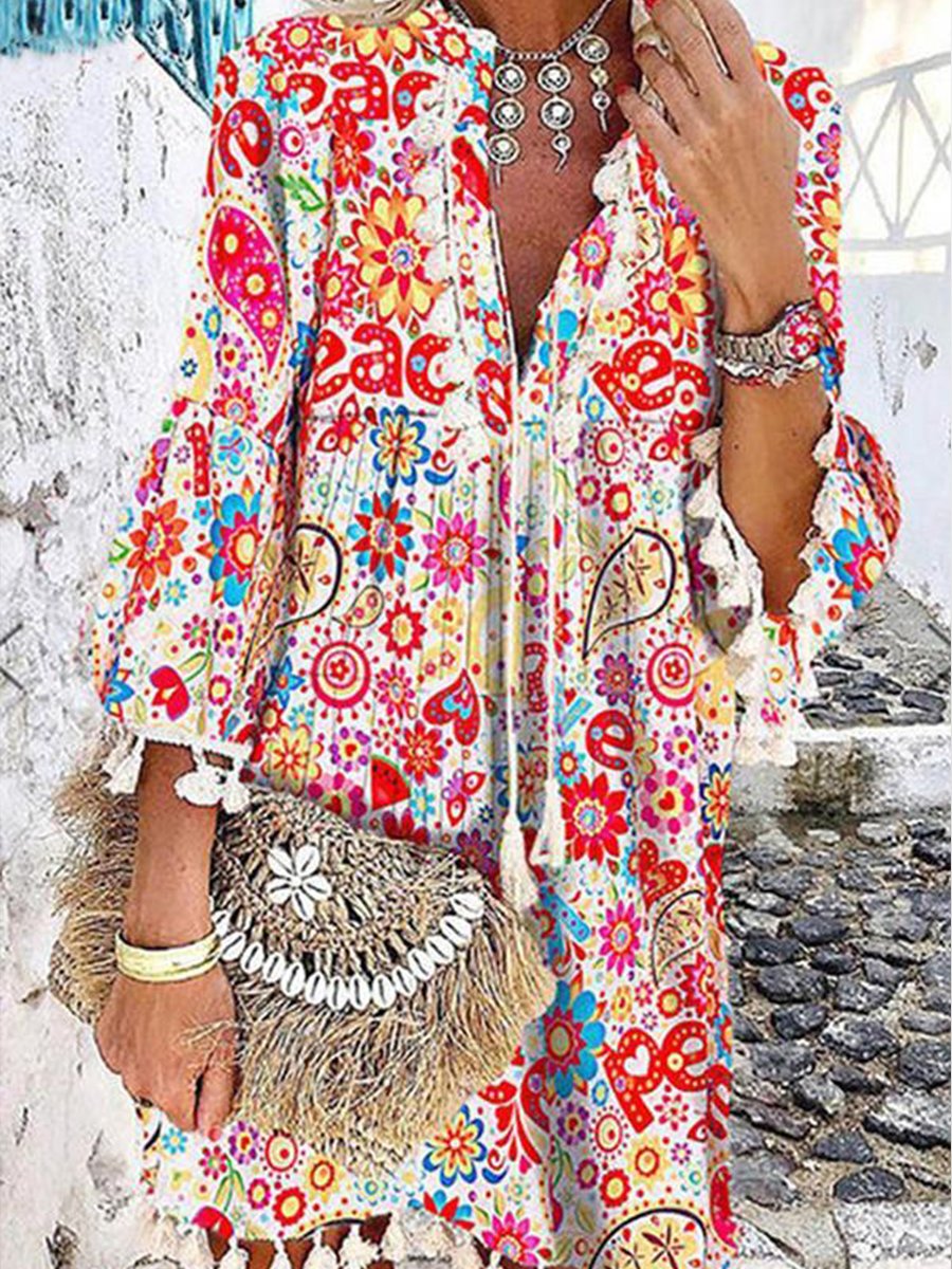 Color Printed V-neck Fringed Dress