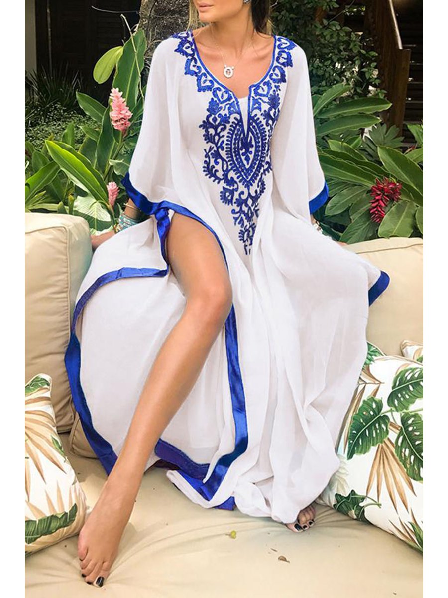 Casual Floral Embroidery Fork Opening Smock