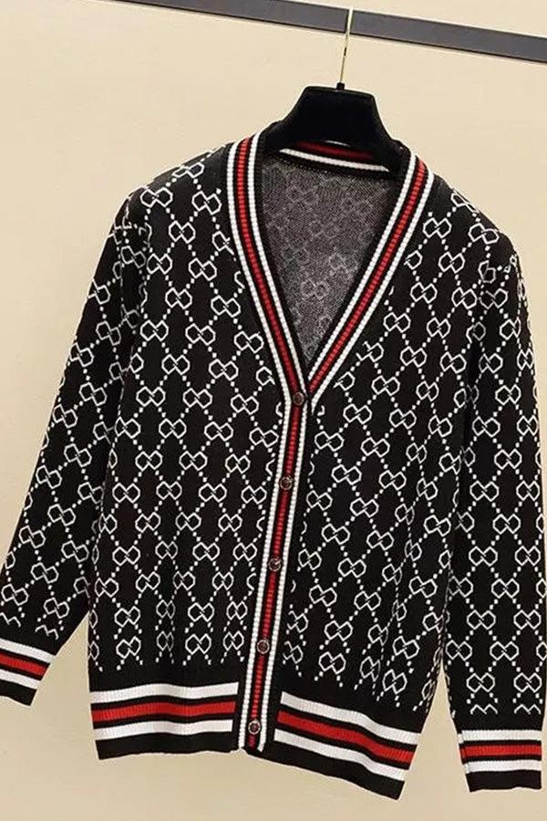 Reversible Letter Print Button Cardigan