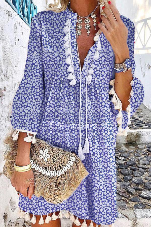 Floral Print V-Neck Tassel Stitching Boho Mini Dress