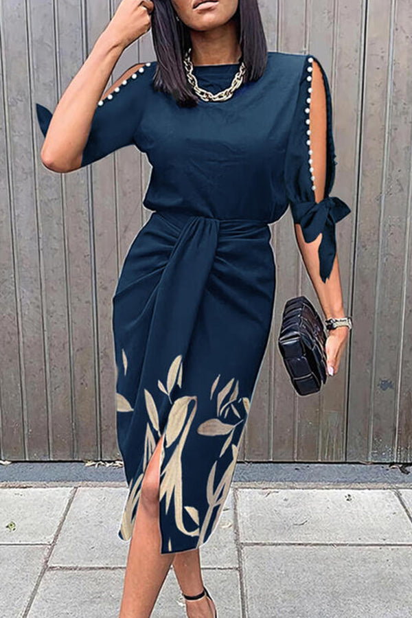 Leaf Print Pearls Decor Knotted Dress