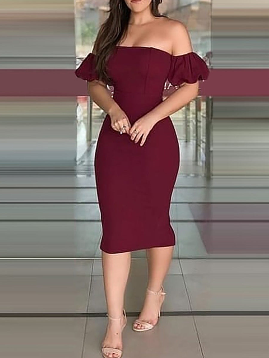 Off Shoulder Plain Zipper Design Back Slit Dress