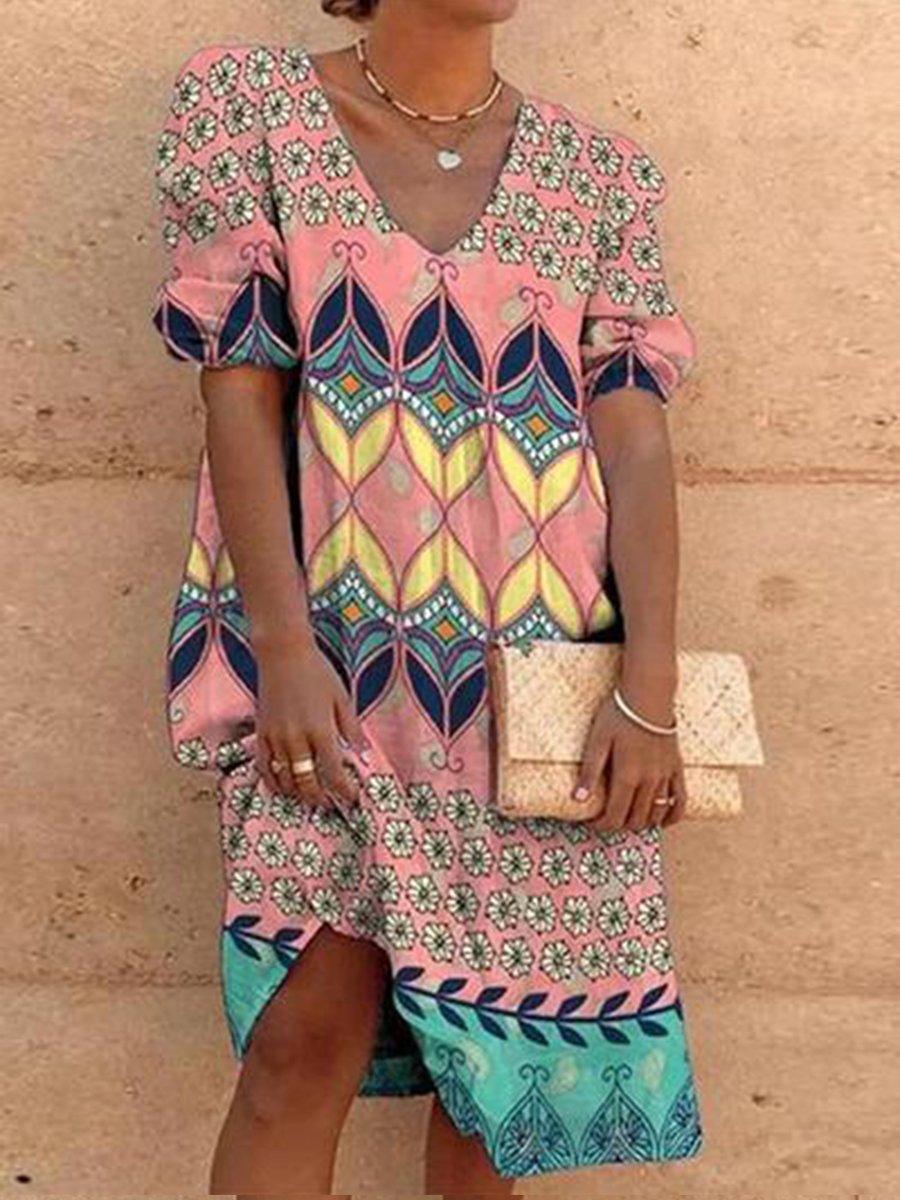 V-neck Tribe Print Half-sleeve Midi Dress