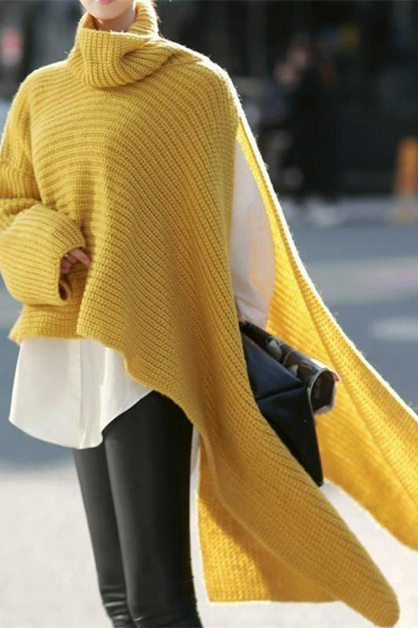 Loose Turtleneck Split Sweater