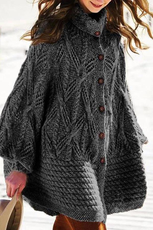 Casual High Neck Lantern Sleeve Knit Cape