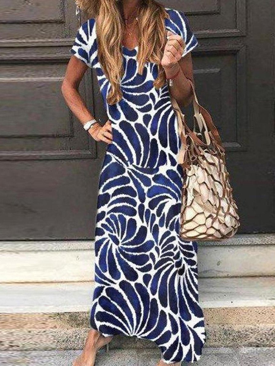 Stylish V-Neck Short Sleeve Printed Maxi Dress