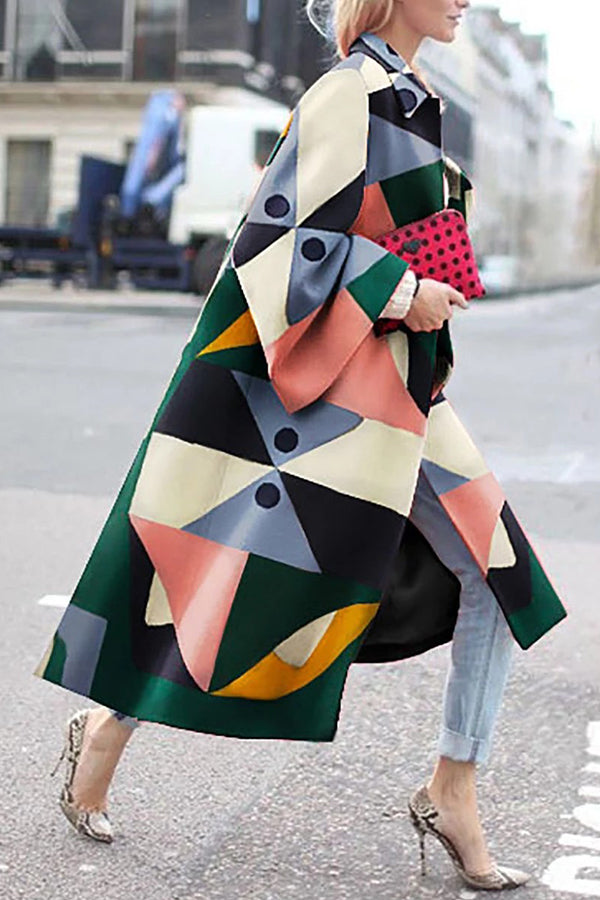 Casual Abstract Splicing Lapel Midi Outerwear