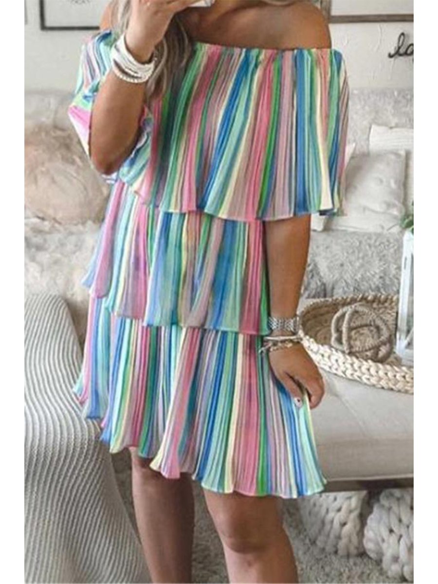 Rainbow Off-shoulder Pleated Dress