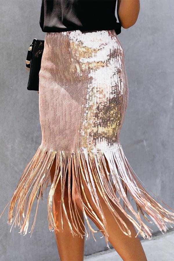 Sequined High Waist Fringed Skirt