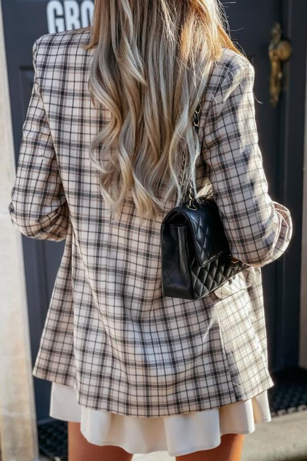 Casual Plaid Wide Collar Button Blazer