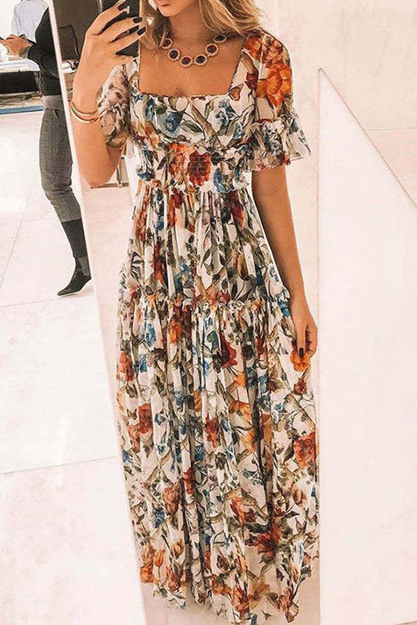 Square Neck Floral Print Bohemian Maxi Dress