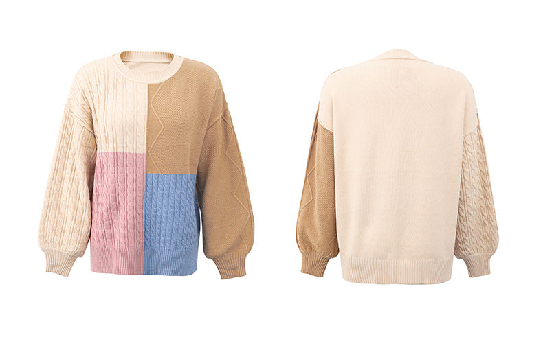 Square Stitching Contrast Color Twist Lantern Sleeve Sweater