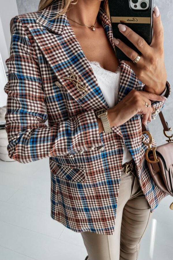 Casual Plaid Wide Collar Button Blazer
