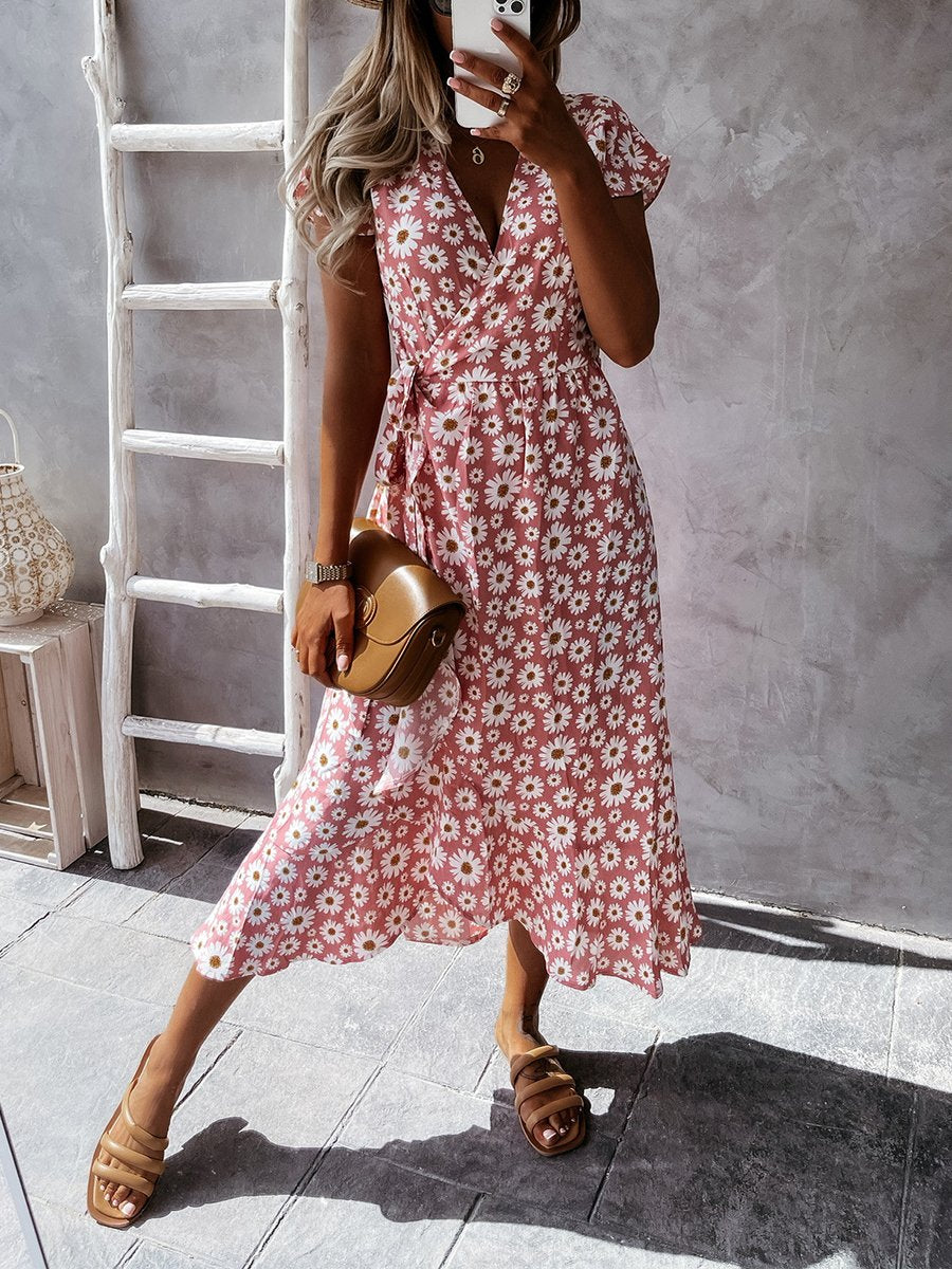 Daisy Print V-neck Short Sleeve Wrap Maxi Dress