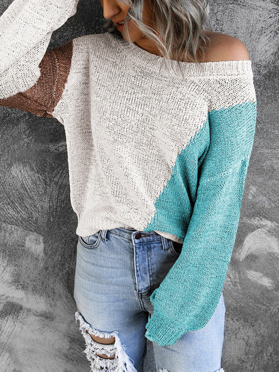Irregular Color Block Off-shoulder Sweater