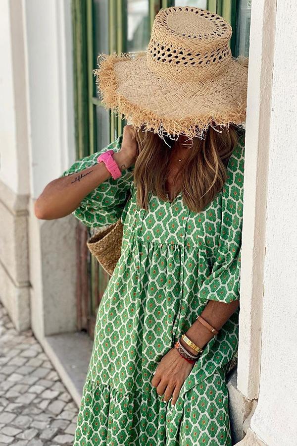 Printed V-neck Mid-sleeve Dress