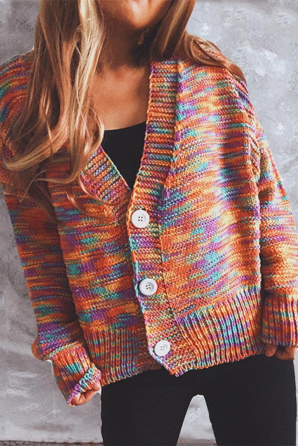 Color Single-breasted Long-sleeved Loose Knit Sweater Cardigan