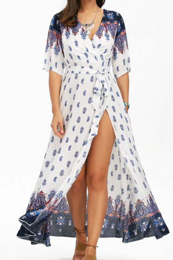 Printed Cross V-neck Belt Short Sleeve Dress