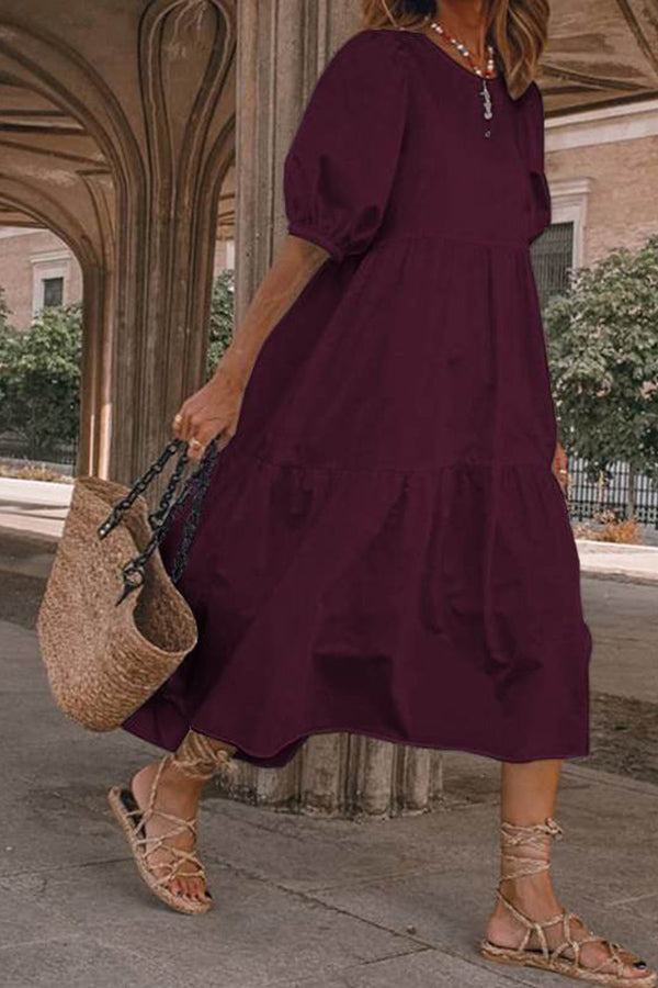 Vacation Puff Sleeve Solid Color Dress