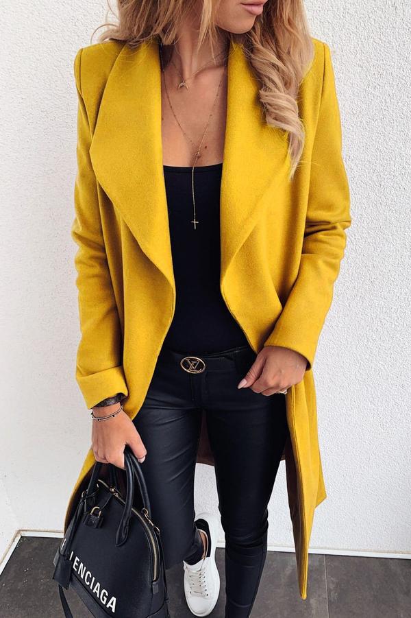 FASHION SOLID COLOR CASUAL TURNDOWN COLLAR LONG COAT